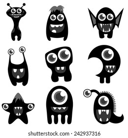 set of cute freaky monsters silhouettes