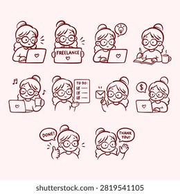 Set of cute freelancer girl doodle illustrations in minimal red line art style. Scenes include working on laptop, freelancing, planning tasks, writing notes, sending email, earning money, and completing work. Perfect for business, productivity, remote work, and lifestyle concepts.