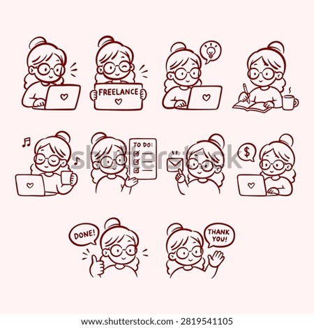 Set of cute freelancer girl doodle illustrations in minimal red line art style. Scenes include working on laptop, freelancing, planning tasks, writing notes, sending email, earning money, and completing work. Perfect for business, productivity, remote work, and lifestyle concepts.