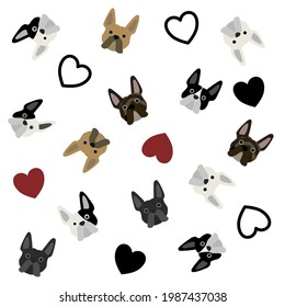 Set of cute French bulldog face  and heart pattern for  card , textile ,wallpaper or another propose