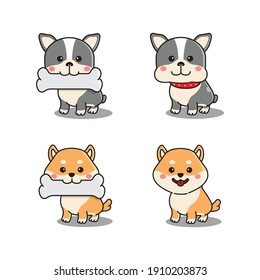 Set of cute french bulldog and shiba inu standing and holding a bone in mouth. Kawaii clip art cartoon vector