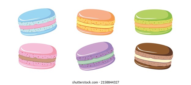 Conjunto de adorables macarons franceses con diferentes embutidos. Postre tradicional de macarón. Pasteles franceses. Ilustración de comida de galletas dulces. Dibujo a mano de dibujos animados de ilustración vectorial plana.