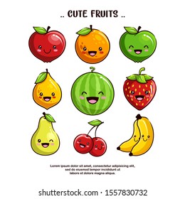 Set Cute Fresh Fruits Cartoon Illustration