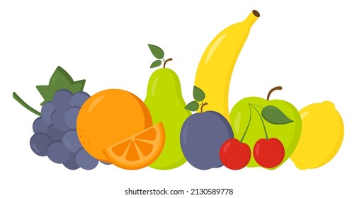 Set of cute fresh fruits. Vegetarian food. Proper nutrition. Banana, cherry, grape, apple, pear, lemon, orange. Healthy lifestyle illustration for print, web. Trendy summer fruits collection.