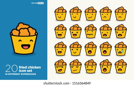 Set of Cute Fried Chicken Bucket Emoji Line Icons In Different Expressions Vector Illustration 