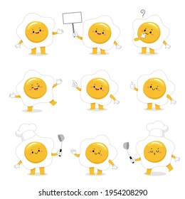 Set of cute fried egg cartoon characters with various activities.
