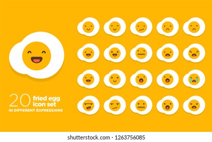 Set of Cute Fried Egg Emoji Line Icons In Different Expressions