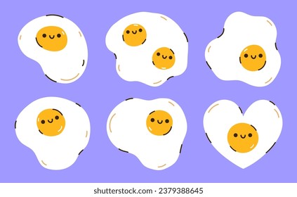 A set of cute fried eggs of different shapes isolated on a purple background. Kawaii characters. Vector hand-drawn illustration. Perfect for various designs, stickers, decorations, logo, menu, recipes