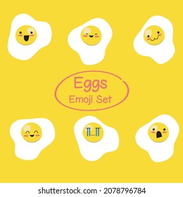 Set of cute fried eggs emoji set vector. Cute illustration of fried eggs expression. Kawaii food expression. Cute vector set. Hand-drawn vector set. 
