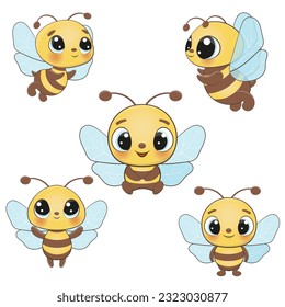 Set süße, freundliche Bienen. Cartoon glückliche fliegende Biene, Vektorgrafik. Insektenzeichen. Vektorgrafik einzeln auf Weiß. Perfekte Illustration für T-Shirt-Verschleiß, Print-Design, Grußkarte, Babydusche