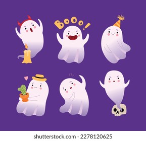 Set of cute friendly ghosts. Funny Halloween character in different activities cartoon vector