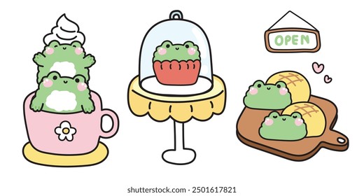 Conjunto de rana linda en concepto de panadería. Dibujos animados de animales reptiles. Café, cupcake, pan dibujado a mano. Diseño de personajes. Kawaii. Vector. Ilustración.