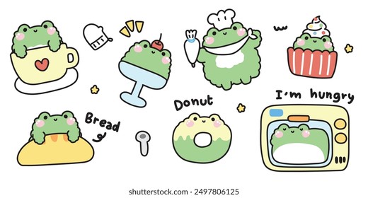 Set of cute frog in bakery and sweet concept.Coffee,bread,pudding,donut,cupcake,baked.Reptile animal character cartoon design.Kawaii.Vector.Illustration.