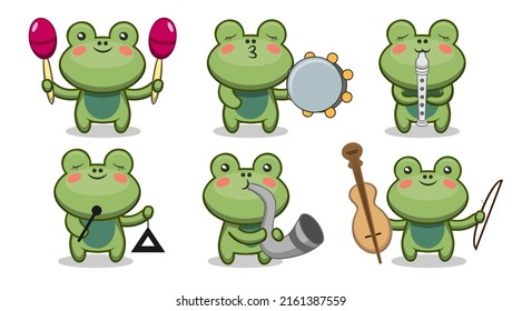 Set of cute frog in cartoon characters playing on various music instruments. playing on violin, flute, accordion, and cello. Vector illustration