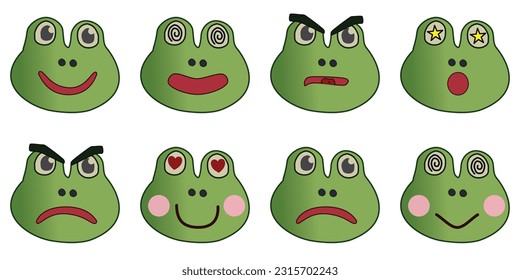 Set of cute frog cartoon faces with various emotions. Cute frog face for emoticons. Vector cartoon animal character
