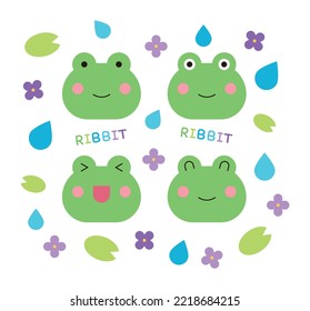 A set of cute frog character design illustrations for spring and summer season concepts. Pattern background of leaves, raindrops, rain and flowers combination.