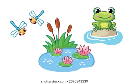 Set of cute frog character, pond, dragonflies.  Wild animal and their homes, favorite food in cartoon style. Children design vector element  for activity books.