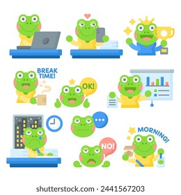 Set of cute frog characters working in business office