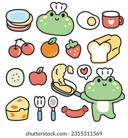 Set of cute frog chef with food on white background.Reptile animal character design.Fried egg,fruit,cheese,coffee hand drawn.Kitchen concept.Kawaii.Vector.Illustration.