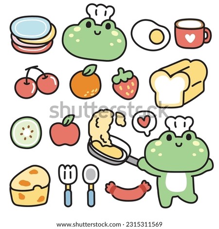 Set of cute frog chef with food on white background.Reptile animal character design.Fried egg,fruit,cheese,coffee hand drawn.Kitchen concept.Kawaii.Vector.Illustration.