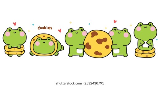 Conjunto de rana linda con galletas. Panadería y bocadillos dibujados a mano. Diseño de dibujos animados de personajes animales reptiles. Imagen para tarjeta, pegatina, ropa de bebé. Kawaii. Vector. Ilustración.