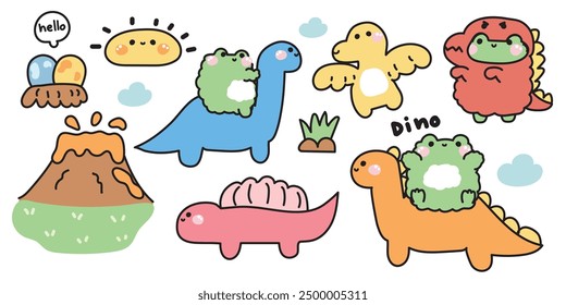 Set of cute frog in dinosaur concept.Jurassic.Egg,dino,lava mountain,cloud.Reptile animal character cartoon design.Kawaii.Vector.Illustration.