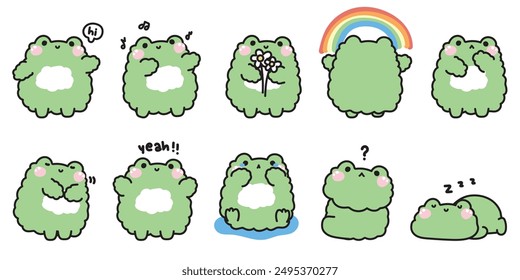 Set of cute frog doll in various poses and feeling.Emotional.Greeting,sad,thank you,dancing,rainbow.Reptile animal character cartoon design.Image for card,poster,baby product.Kawaii.Vector.