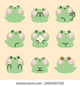 Set of cute frog face in various poses feeling on pastel background.Reptile animal character cartoon design.Hand drawn collection.Kawaii.Vector.Illustration.