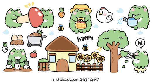 Conjunto de rana linda en el concepto de granja.Farmer.Country road.Fruits, vegetales, árbol, flor, abeja, hen.Reptile animal personaje de dibujos animados design.Kawaii.Vector.Illustration.