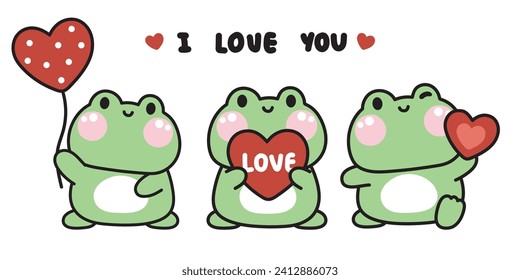 Set of cute frog with heart balloon on white background in various poses.Valentines day.Love.Reptile animal character cartoon.Kawaii.Vector.Illustration.