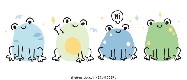 Set of cute frog in line hand drawn style.Reptile animal character cartooon design.Greeting.Isolated.Image for card,poster,baby clothing.Kawaii.Vector.Illustration.