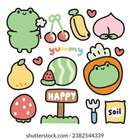 Set of cute frog with many fruit cartoon on white background.Reptile animal charatcer cartoon design.Cherry,banana,strawberry,carrot,peach,watermelon.Fruit and vegetables.Vector.Illustration.