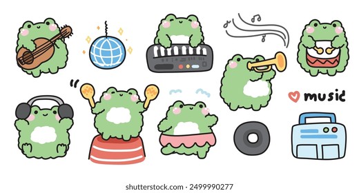 Set of cute frog in music concept.Dance.Melody.Note.Guitar,disco ball,radio,CD,drum,trumpet.Reptile animal character cartoon design.Kawaii.Vector.Illustration.