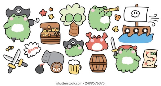 Set of cute frog in pirate concept.Sea and beach.Captain,ship,crab,beer,map,cannon.Reptile animal character cartoon design.Kawaii.Vector.Illustration.