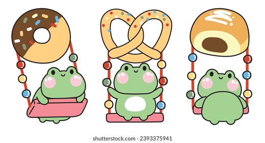 Juego de ranas lindas que tocan un diseño de panadería. Diseño de dibujos animados de personajes animales reptil. juguete infantil. Tiempo divertido. Donut, Sweet, postre, pan, mano de caramelo. Kawaii.Vector.Ilustración.