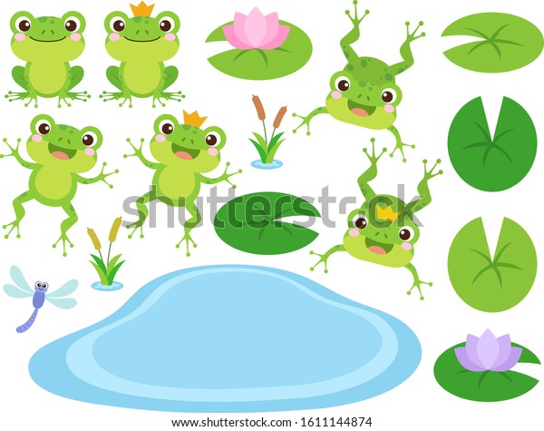 Set of Cute Frog and Frog Prince cartoon\
characters. Vector illustration. Amphibian drawing. Happy frog sit\
and jump clip art, different pose, with pond, plants, dragonfly.\
Colorful graphic elements.