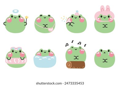 Set of cute frog round shape pastel in various poses and feeling on white background.Reptile animal character cartoon design collection.Kawaii.Vector.illustration.