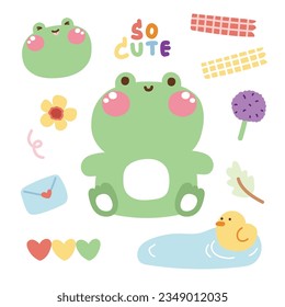 Set of cute frog sit with tiny icon.Pastel color.Reptile animal character cartoon design collection.Image for card,poster,sticker.Duck.Flower.Decoration.Kawaii.Vector.Illustration