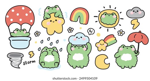 Conjunto de rana linda en el concepto de icono del cielo dibujado a mano. Globo, estrella, arco iris, sol, nube, iluminación, luna, tormenta. Diseño de dibujos animados de personajes de animales reptiles. Kawaii. Vector. Ilustración.