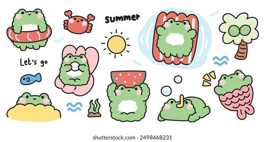 Conjunto de rana linda en concepto de verano. Piscina, mar, playa, cangrejo, árbol de coco, sirena, concha, pescado, arena, sandía. Viaje y vacaciones. Diseño de dibujos animados de animales reptiles. Kawaii. Vector. Ilustración.