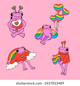 Set of Cute frog with symbols set in rainbow colors. Vector illustration. Pride Month