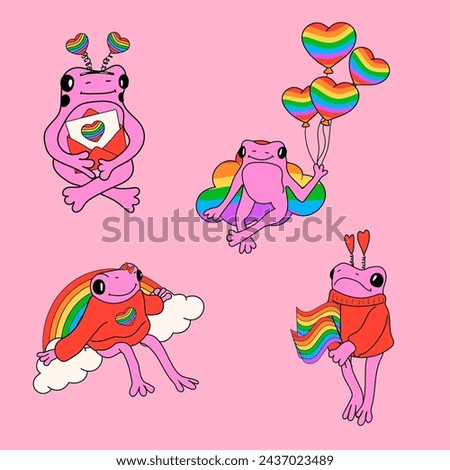 Set of Cute frog with symbols set in rainbow colors. Vector illustration. Pride Month