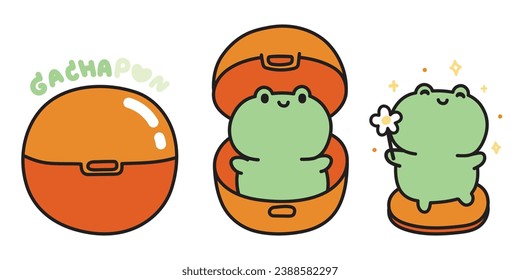 Juego de juguete de rana lindo. Colección de juguetes de gachapón japonés. Modelo.Figura.Dibujo de dibujos animados de animales reptiles.La rana sostiene la flor en un sentimiento feliz. Kawaii.Vector.Ilustración.