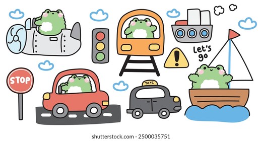 Set of cute frog in transportation concept.Traffic.Sign.Helicopters,car,taxi,train,boat,ship.Reptile animal character cartoon design.Kawaii.Vector.Illustration.