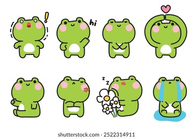 Conjunto de sapo bonito em vários sentimentos e poses.Emotional.Reptile desenho animado personagem animal.Image para cartão,adesivo,decorado,bebê product.Kawaii.Vetor.Illustration.