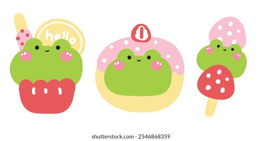 Set of cute frog in various menu bakery.Pastel.Face frog.Tanghulu is chinese candied fruit,cupcake,donut.Reptile animal character cartoon design.Kawaii.Vector.Illustration