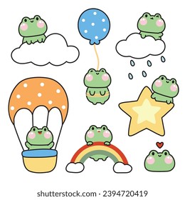 Set of cute frog in various poses.Sky concept.Reptile animal character cartoon design.Balloon,cloud,star,rainbow hand drawn.Kawaii.Vector.Illustration.