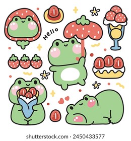 Set of cute frog various poses in strawberry bakery concept.Reptile animal character cartoon design.Bread,ice cream,dessert,sweet,fruit hand drawn collection.Kid graphic.Kawaii.Vector.Illustration.