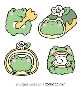 Set of cute frog various poses in roll cake concept.Bakery,cake,dessert,sweet,flower hand drawn.Reptile animal character cartoon design.Kawaii.Vector.Illustration.