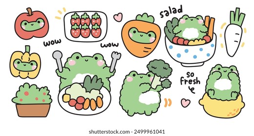 Conjunto de rana linda en el concepto vegetal. Vegetariano. Manzana, pimiento verde, brócoli, ensalada, zanahoria, limón. Diseño de dibujos animados de animales reptiles. Kawaii. Vector. Ilustración.